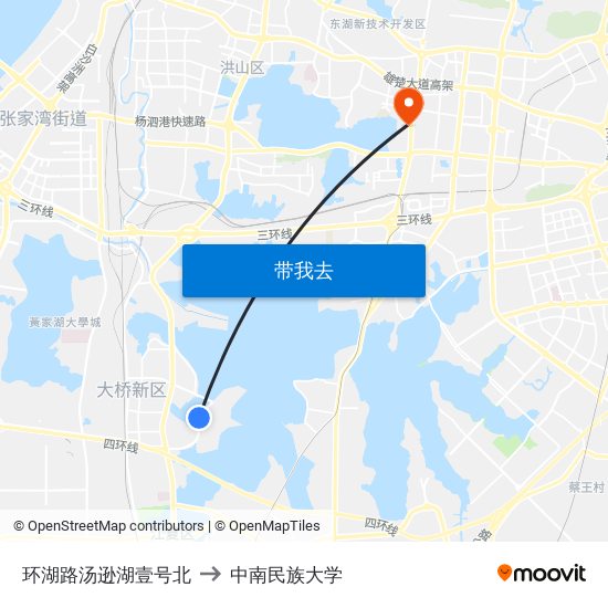 环湖路汤逊湖壹号北 to 中南民族大学 map