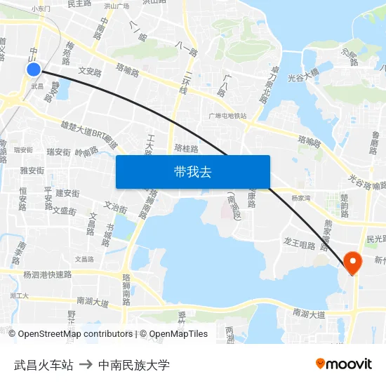 武昌火车站 to 中南民族大学 map