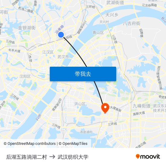 后湖五路淌湖二村 to 武汉纺织大学 map