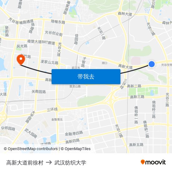 高新大道前徐村 to 武汉纺织大学 map