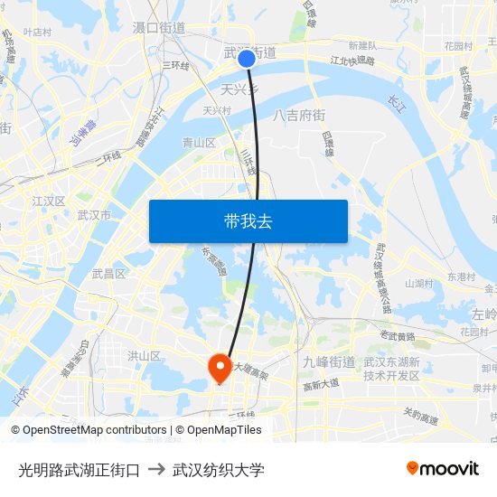 光明路武湖正街口 to 武汉纺织大学 map