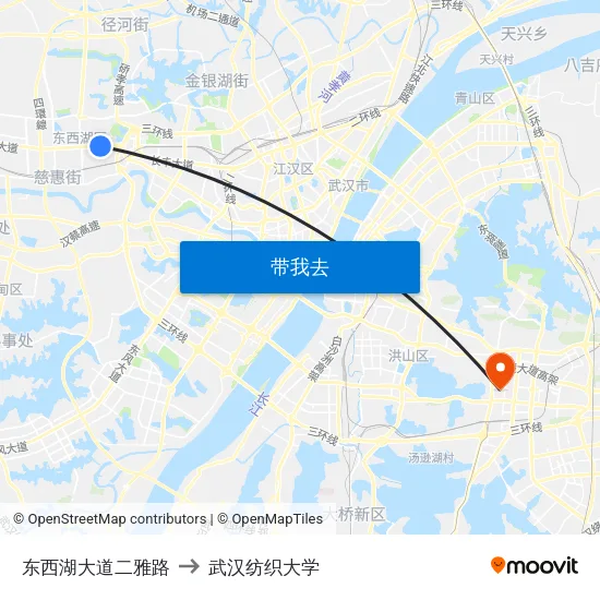 东西湖大道二雅路 to 武汉纺织大学 map