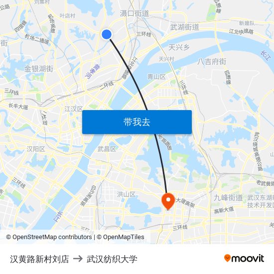 汉黄路新村刘店 to 武汉纺织大学 map