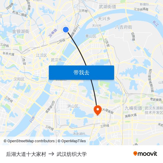 后湖大道十大家村 to 武汉纺织大学 map