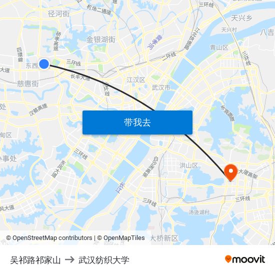 吴祁路祁家山 to 武汉纺织大学 map