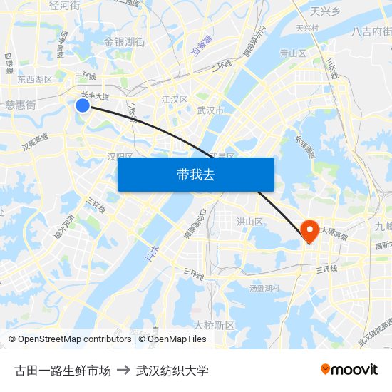 古田一路生鲜市场 to 武汉纺织大学 map