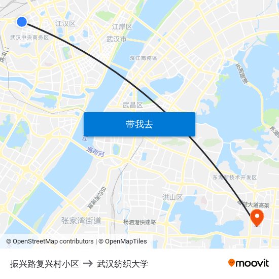 振兴路复兴村小区 to 武汉纺织大学 map