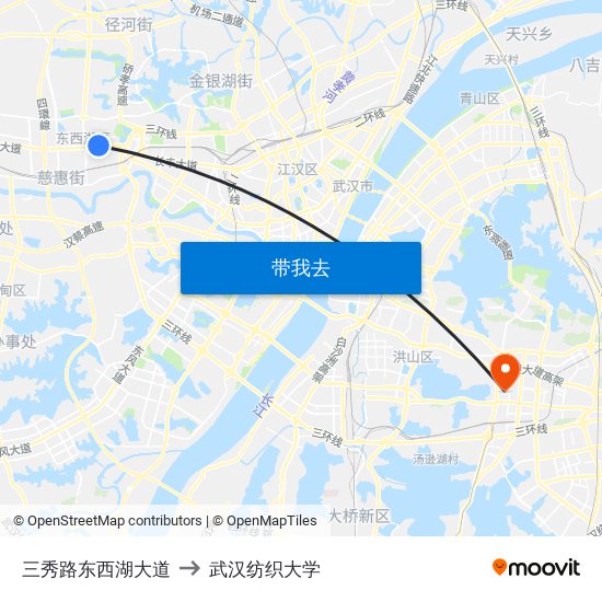 三秀路东西湖大道 to 武汉纺织大学 map
