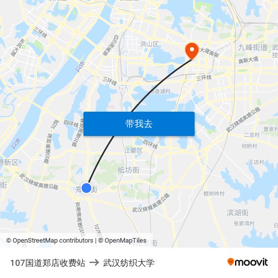 107国道郑店收费站 to 武汉纺织大学 map