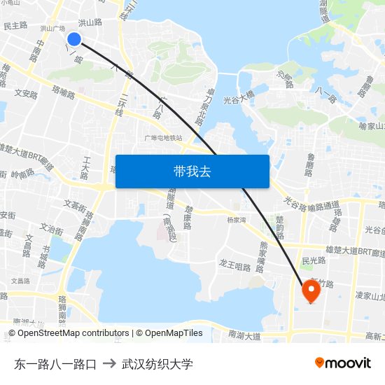 东一路八一路口 to 武汉纺织大学 map