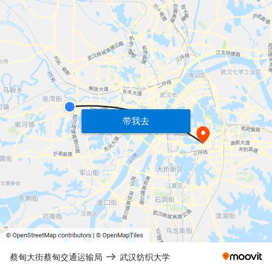 蔡甸大街蔡甸交通运输局 to 武汉纺织大学 map