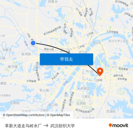 革新大道走马岭水厂 to 武汉纺织大学 map