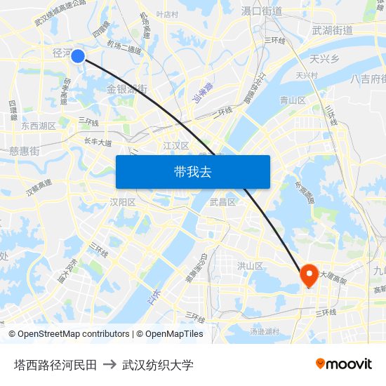 塔西路径河民田 to 武汉纺织大学 map