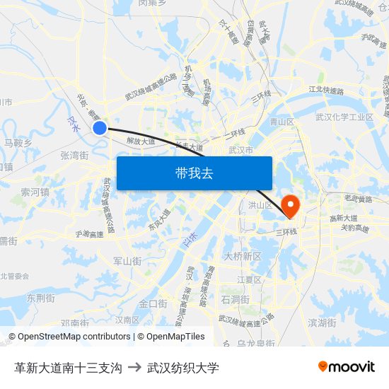 革新大道南十三支沟 to 武汉纺织大学 map