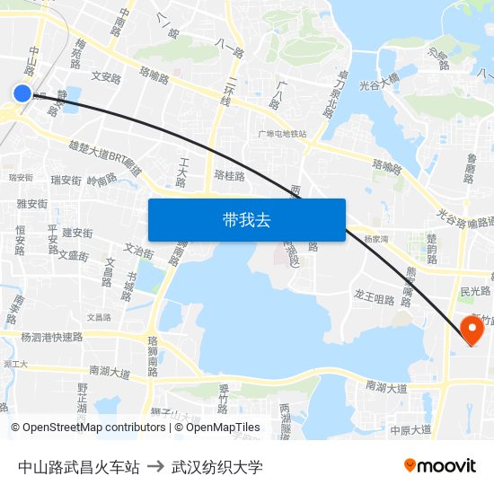 中山路武昌火车站 to 武汉纺织大学 map