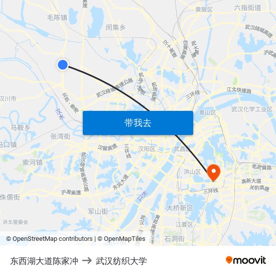 东西湖大道陈家冲 to 武汉纺织大学 map