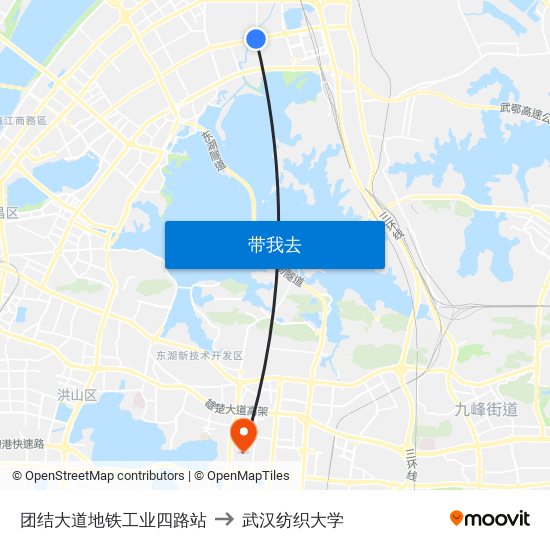 团结大道地铁工业四路站 to 武汉纺织大学 map