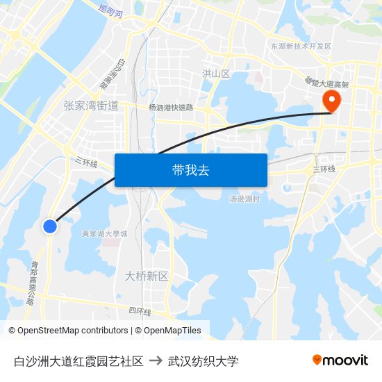 白沙洲大道红霞园艺社区 to 武汉纺织大学 map