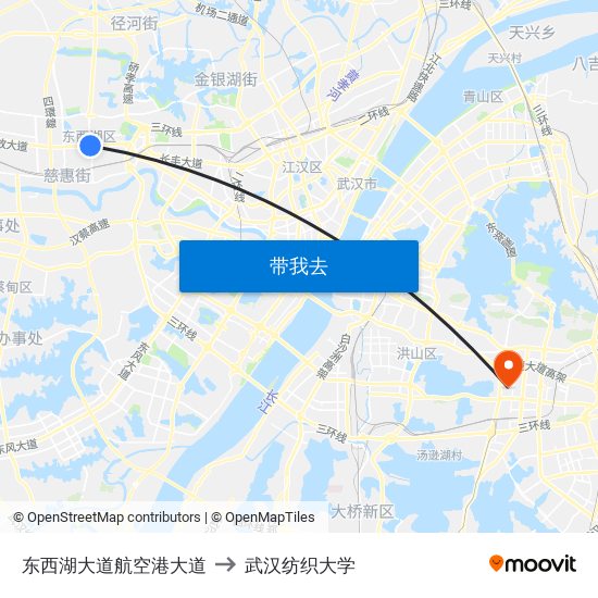 东西湖大道航空港大道 to 武汉纺织大学 map