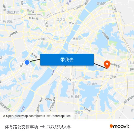 体育路公交停车场 to 武汉纺织大学 map