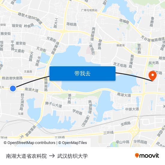 南湖大道省农科院 to 武汉纺织大学 map