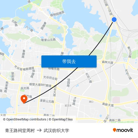 青王路祠堂周村 to 武汉纺织大学 map