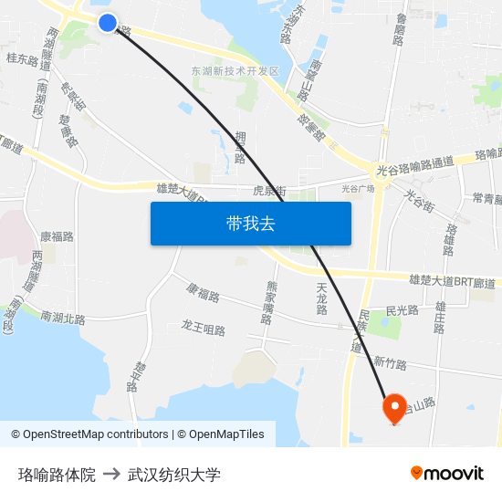 珞喻路体院 to 武汉纺织大学 map