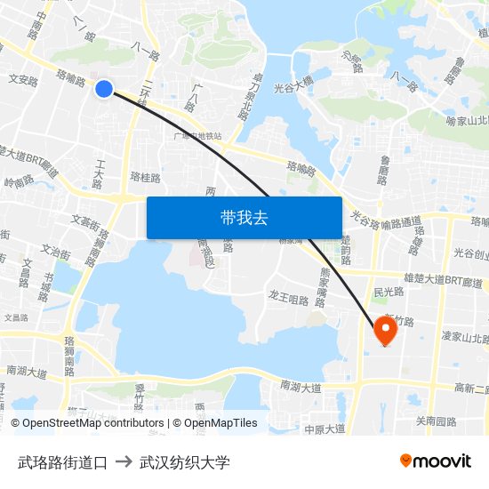 武珞路街道口 to 武汉纺织大学 map