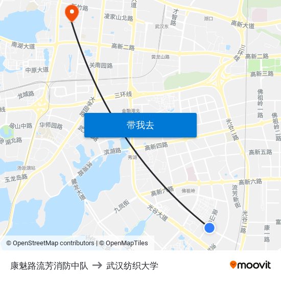 康魅路流芳消防中队 to 武汉纺织大学 map