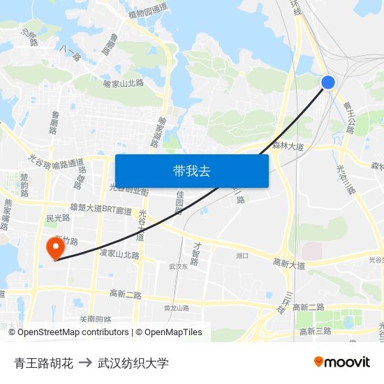 青王路胡花 to 武汉纺织大学 map