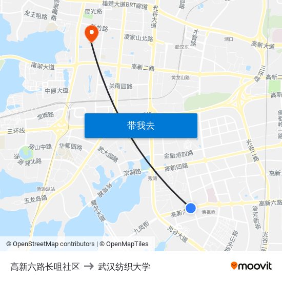 高新六路长咀社区 to 武汉纺织大学 map