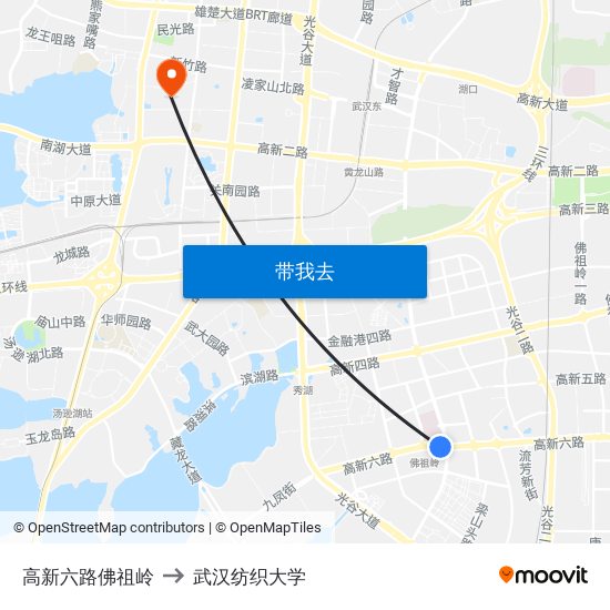 高新六路佛祖岭 to 武汉纺织大学 map