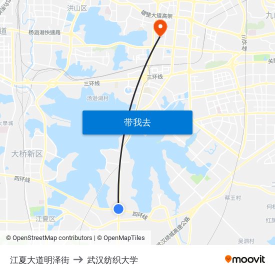 江夏大道明泽街 to 武汉纺织大学 map