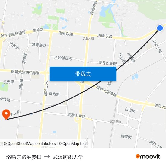 珞喻东路油篓口 to 武汉纺织大学 map