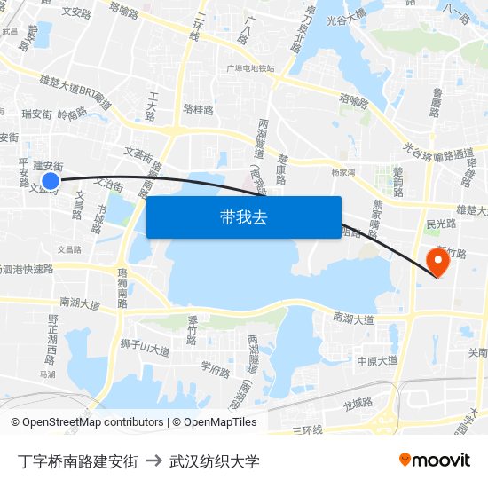 丁字桥南路建安街 to 武汉纺织大学 map