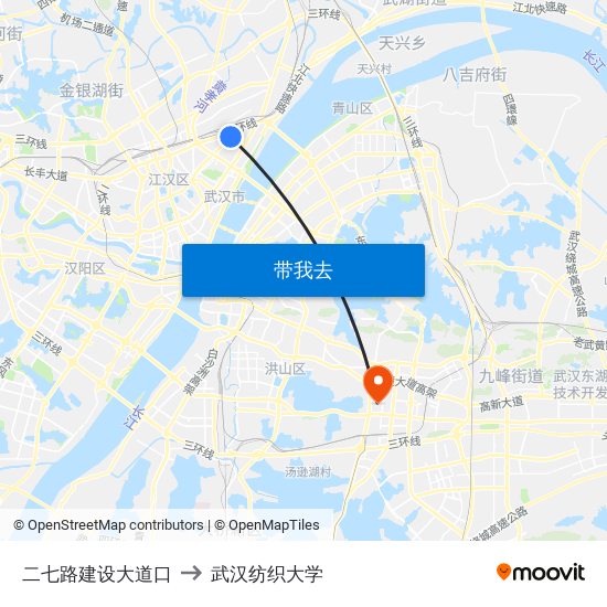 二七路建设大道口 to 武汉纺织大学 map