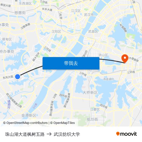 珠山湖大道枫树五路 to 武汉纺织大学 map