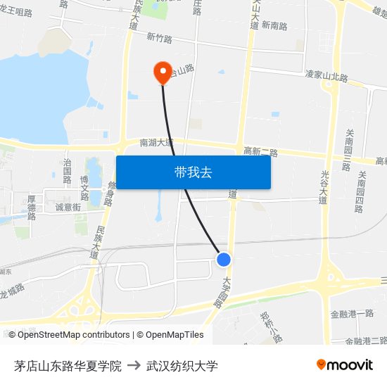 茅店山东路华夏学院 to 武汉纺织大学 map