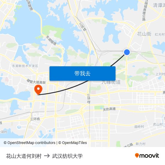 花山大道何刘村 to 武汉纺织大学 map