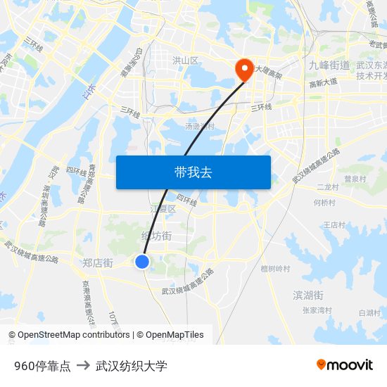 960停靠点 to 武汉纺织大学 map