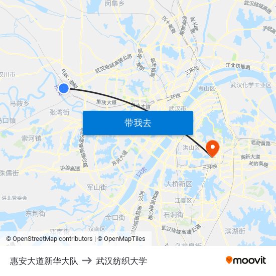 惠安大道新华大队 to 武汉纺织大学 map