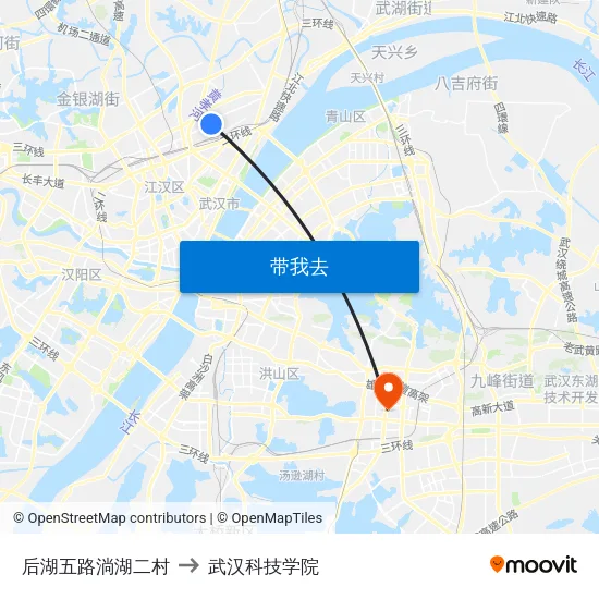 后湖五路淌湖二村 to 武汉科技学院 map