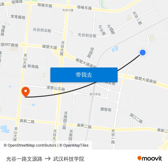 光谷一路文源路 to 武汉科技学院 map