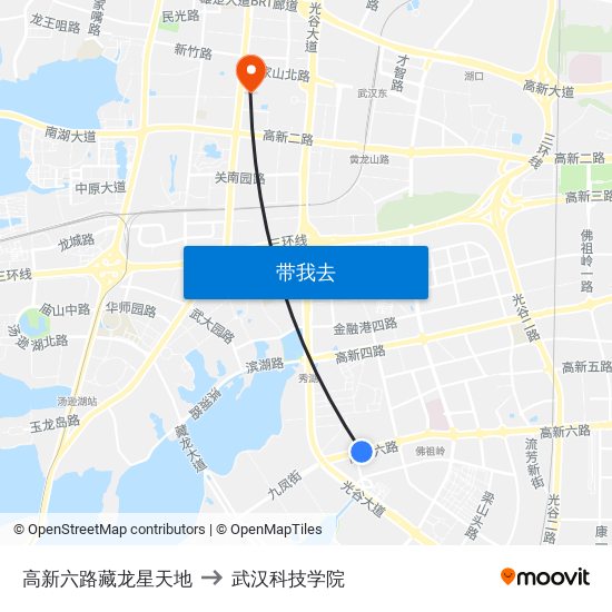 高新六路藏龙星天地 to 武汉科技学院 map