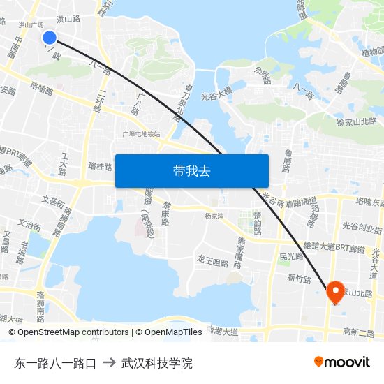 东一路八一路口 to 武汉科技学院 map