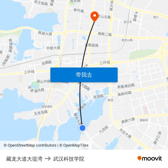 藏龙大道大堤湾 to 武汉科技学院 map