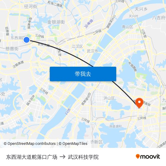 东西湖大道舵落口广场 to 武汉科技学院 map