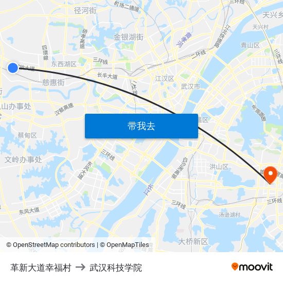 革新大道幸福村 to 武汉科技学院 map
