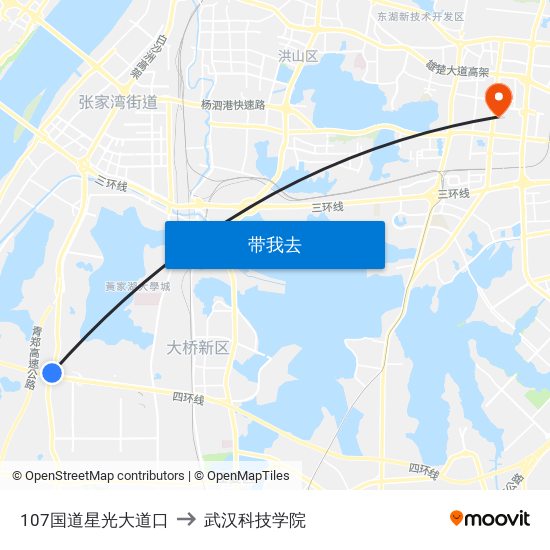 107国道星光大道口 to 武汉科技学院 map