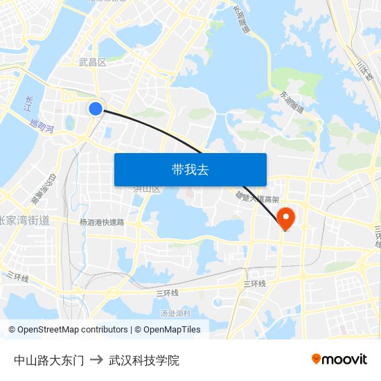 中山路大东门 to 武汉科技学院 map